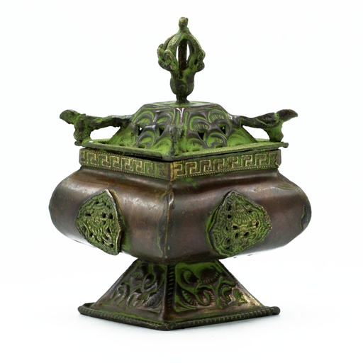 [ATIH-04] Quemador Tibetano de Latón Verdigris - Cuatro Símbolos Olla de Pie