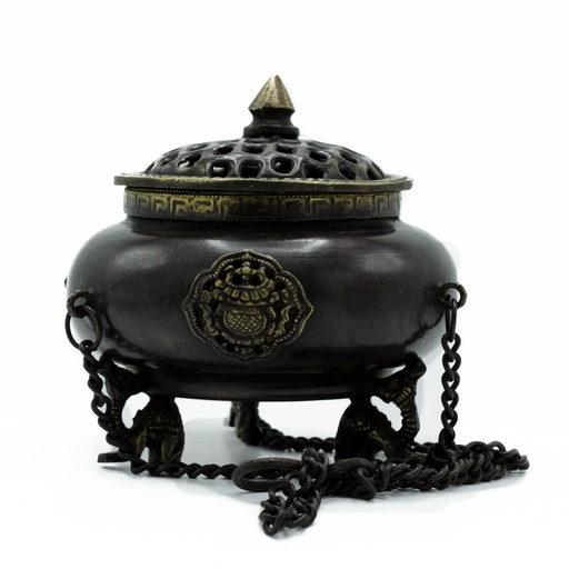 [ATIH-06] Quemador Tibetano Grande de Latón - Vasija Colgante de Cuatro Símbolos
