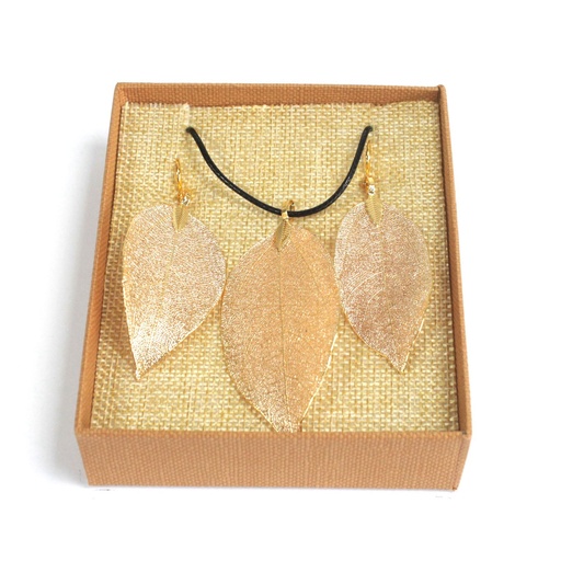 [POT-02] Conjunto de collar y aretes - Hoja de valor - Oro
