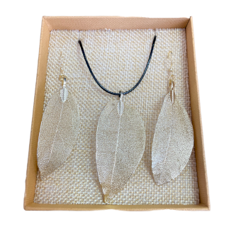 [POT-03] Conjunto de collar y aretes - Hoja de valor - Oro Blanco