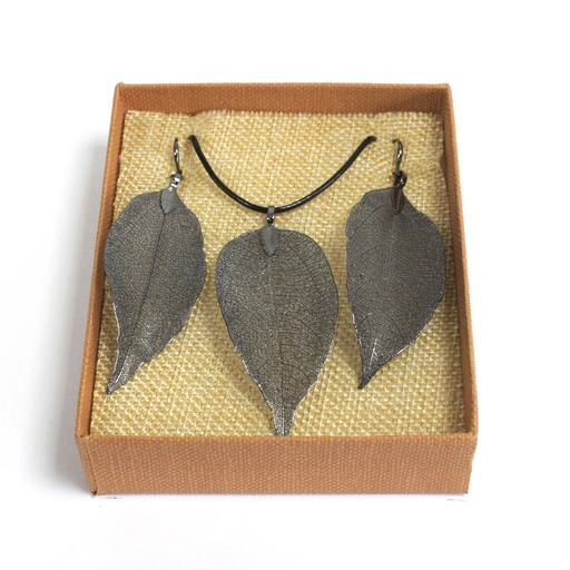 [POT-04] Conjunto de collar y aretes - Hoja de valor - Peltre