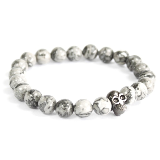 [Boho-11] Calavera de peltre / ágata gris - Pulsera de piedras preciosas