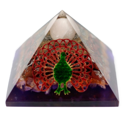 [ORGN-13] Lrg Organite Pirámide 70cm - Pavo real (base de tierra)
