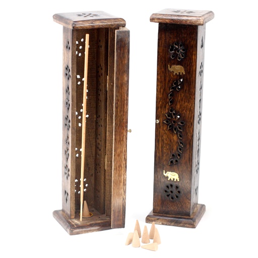 [ISH-171M] Square Incense Tower - Brass inlay - Mango Wood