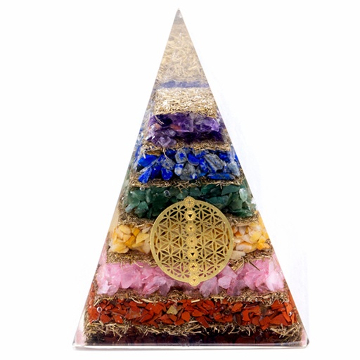 [Orgn-15] Pirámide de Orgonita Lrg 70mm - Gemas Chakra - Flor de la Vida de los Siete Chakras- 70 mm