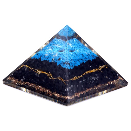 [Orgn-17] Pirámide de Orgonita Lrg 70mm - Gemas Chakra - Turquesa y Turmalina Negra - 70 mm