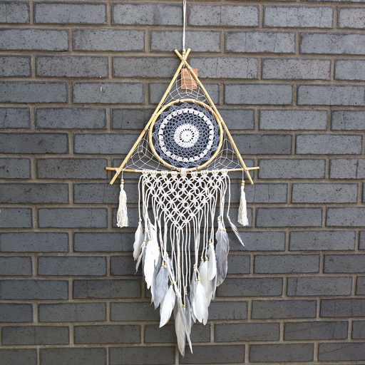 [EyeDC-11] Atrapasueños - Lrg Macramé Piramide Blanco / Gris