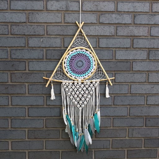 [EyeDC-12] Atrapasueños - Lrg Macrame Piramide Blanco/ Turquesa