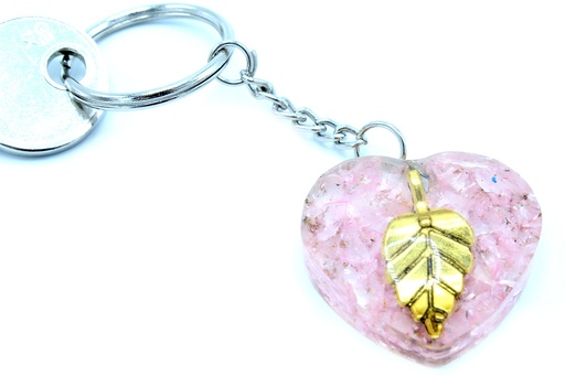 [OrgK-10] Llavero de orgonita Power - Corazones de Cuarzo Rosa Hoja de Oro